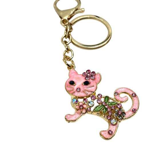 3/$30 CAT KEYCHAIN GOLD TONE ENAMEL RHINESTONE PINK BAG CHARM BOUTIQUE NWT GIFT - Picture 5 of 12